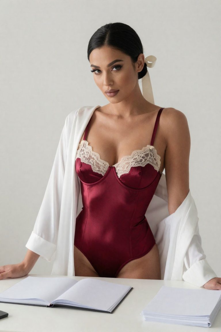 Book18Pro muse in a deep crimson satin corset with cream lace at the folio desk