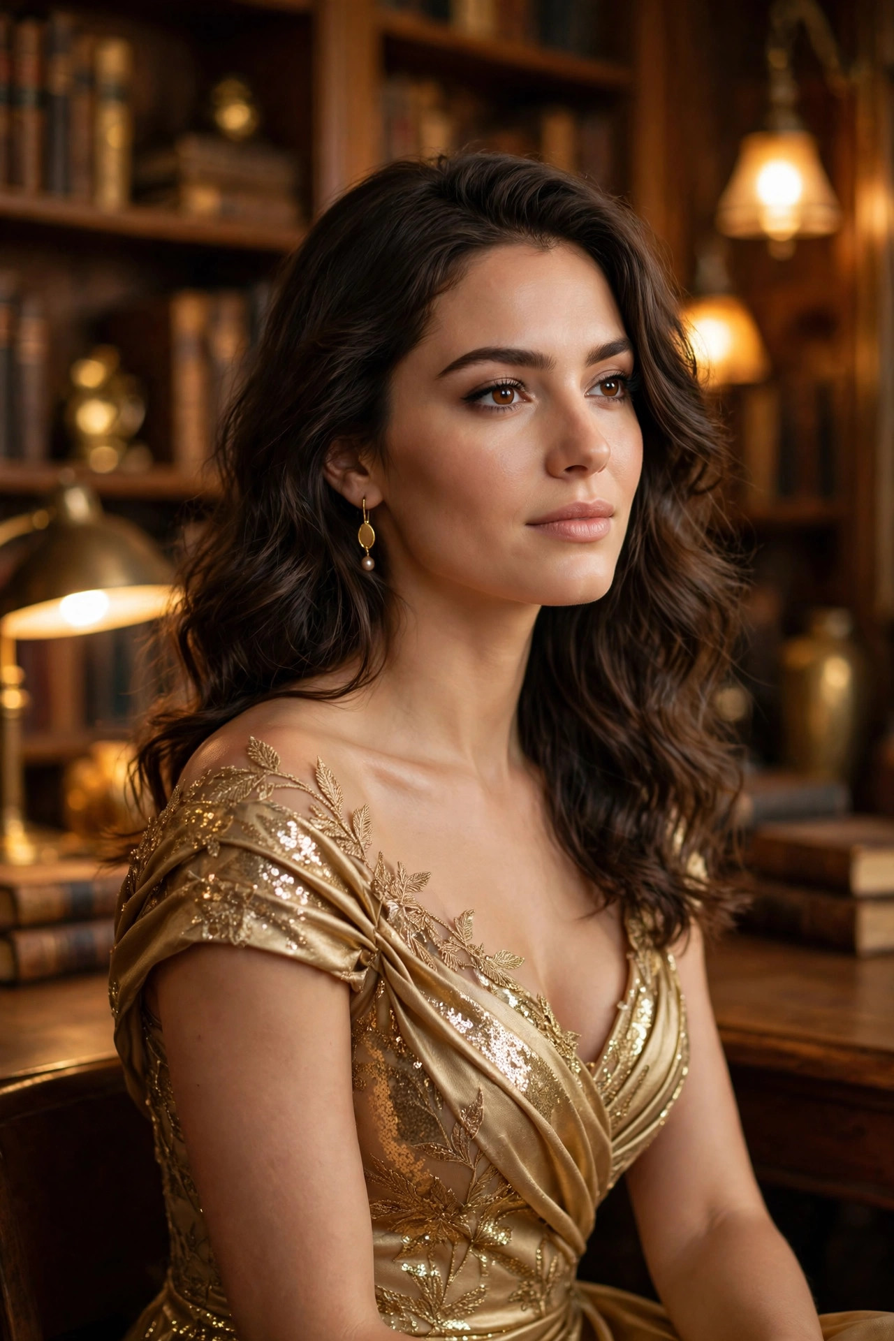 AI generated portrait of a woman in a gold evening gown in a warmly lit library