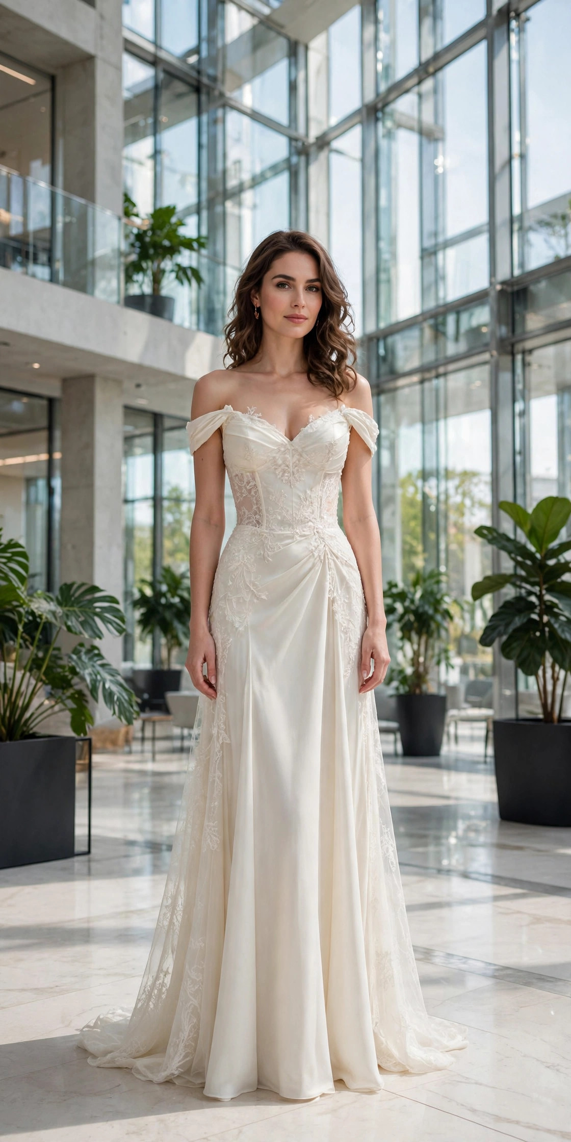 AI generated full body image of a woman in a white evening gown in a bright atrium