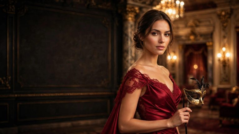 AI porn generator pricing cover art: woman in a ruby evening gown holding a masquerade mask